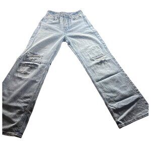 & Denim - Women's Light Blue Distressed Jeans Curvy Fit Ultra High Waist Wide Le